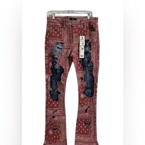 Paper Money Men’s Fashion Red and Blue Distressed Jeans Size 32 NWT